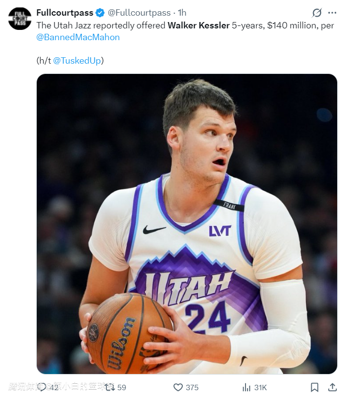  凯斯勒拒绝爵士5年1.4亿！湖媒盼四年1.3亿抢人：先签后换愿出1首轮