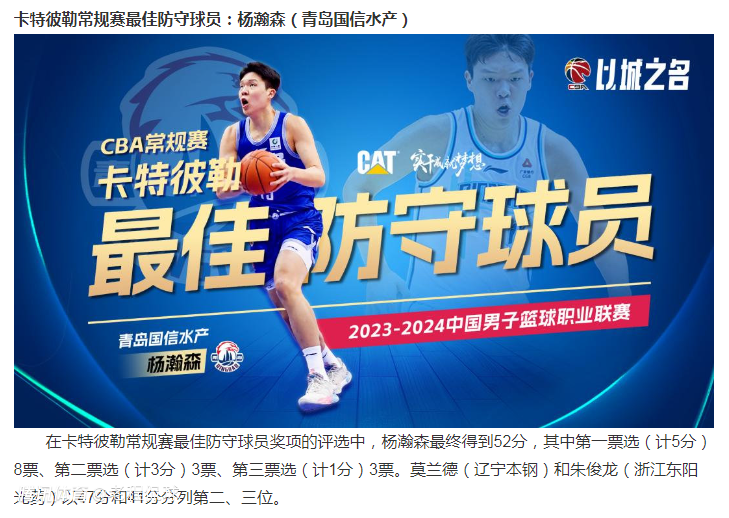 cba公布票数杨瀚森最佳防守是险胜齐麟张宁各自评选未进前三